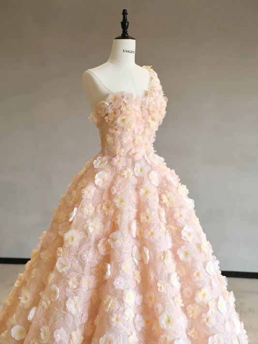 Fairytale Orange One Shoulder A-Line Tulle Three-Dimensional Applique Prom Dresses Formal Evening Dress RF0588