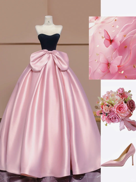 Cute Pink Strapless A-Line Satin Velvet Prom Dresses Sweet 16 Evening Gowns RF0590
