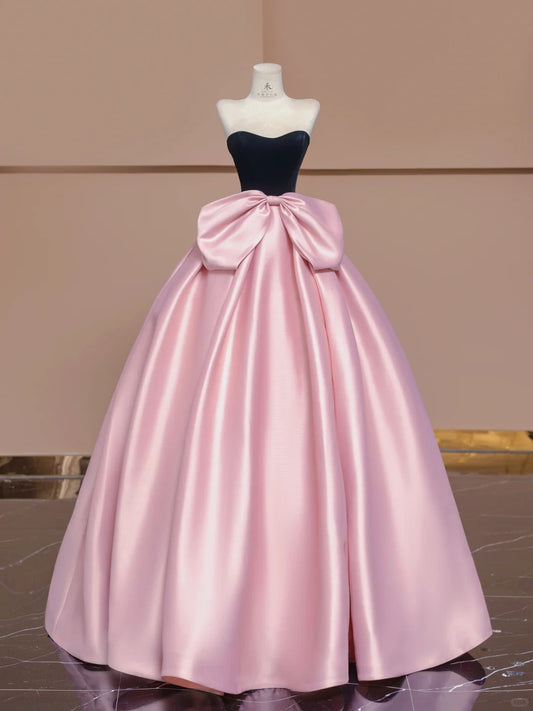 Cute Pink Strapless A-Line Satin Velvet Prom Dresses Sweet 16 Evening Gowns RF0590