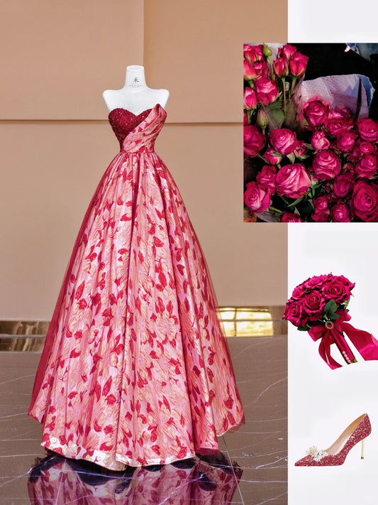 Elegant Red Sweetheart Neck A-Line Jacquard Satin Wedding Dress Formal Evening Gowns RF0591