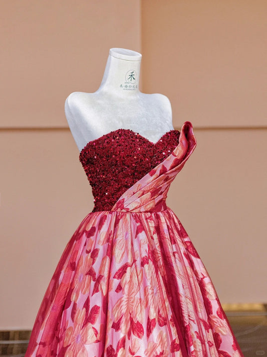 Elegant Red Sweetheart Neck A-Line Jacquard Satin Wedding Dress Formal Evening Gowns RF0591