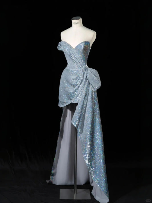 Elegant Silver Sweetheart Neck A-Line Sequins Long Prom Dresses Formal Evening Gowns  RF0593