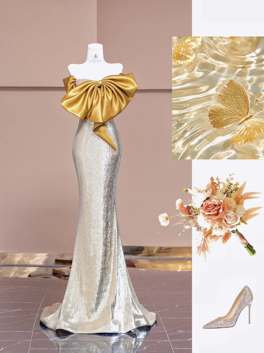 Elegant Yellow Off Shoulder Mermaid Sequin Evening Gowns  RF0594