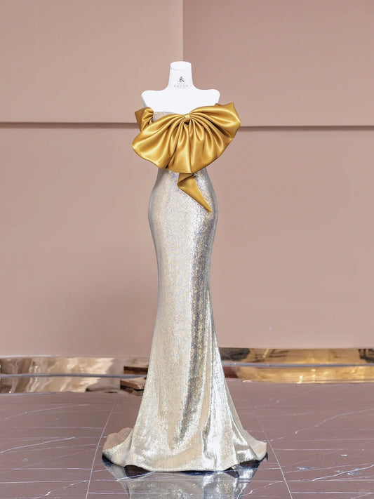 Elegant Yellow Off Shoulder Mermaid Sequin Evening Gowns  RF0594