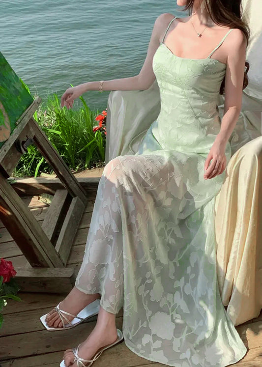 Wunderschönes grünes Chiffon-Sommerkleid in A-Linie mit Spaghettiträgern RF0596