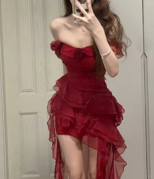 Modisches rotes Chiffon-Kleid mit quadratischem Ausschnitt und Rüschen, Sommer-/Ferienkleid RF0599