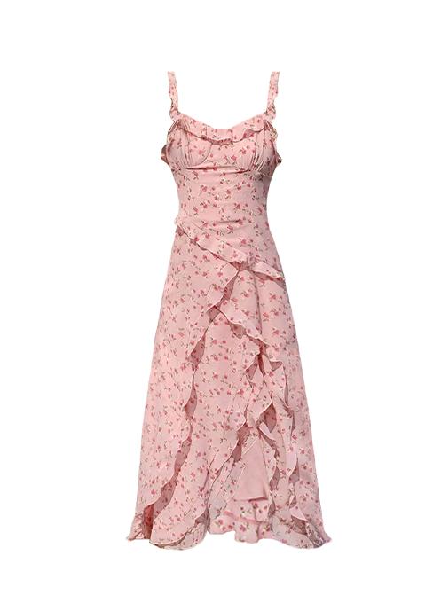 Süßes rosa bedrucktes Chiffon-Trägerkleid in französischer Teelänge RF0604