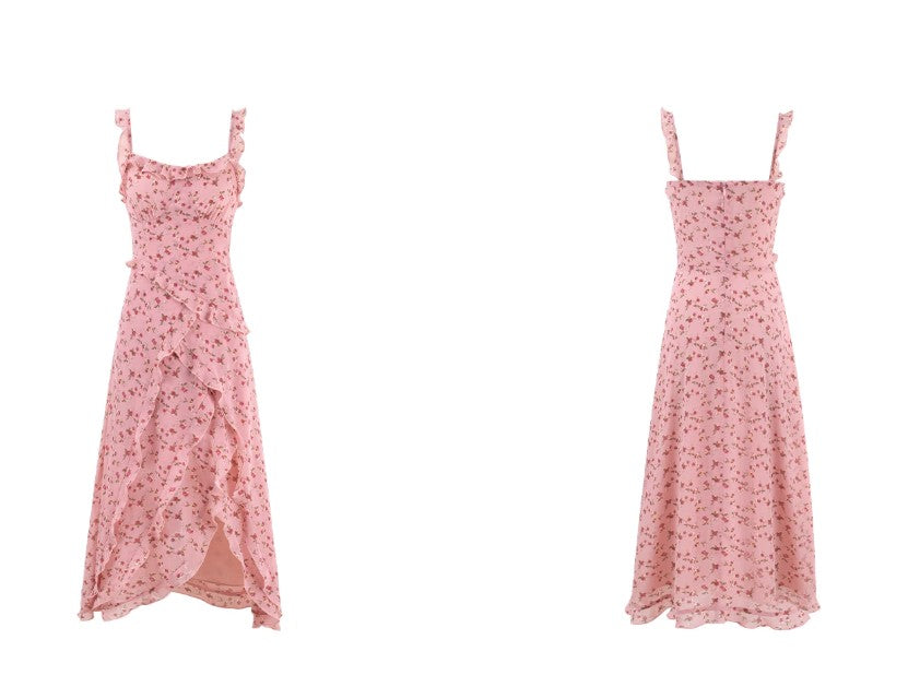 Süßes rosa bedrucktes Chiffon-Trägerkleid in französischer Teelänge RF0604