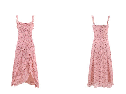 Süßes rosa bedrucktes Chiffon-Trägerkleid in französischer Teelänge RF0604
