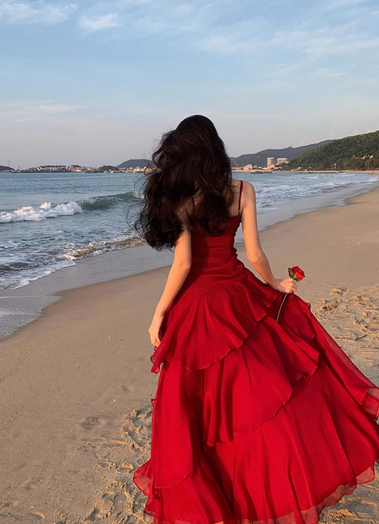 Vintage Rotes Chiffon A-Linien-Kleid mit Rüschenträgern RF0605