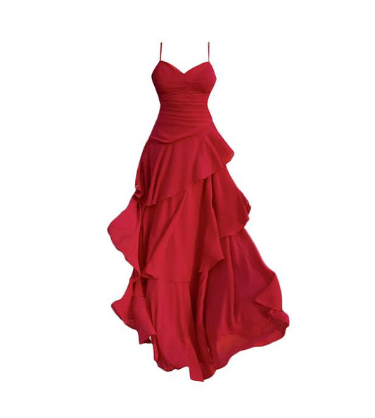 Vintage Rotes Chiffon A-Linien-Kleid mit Rüschenträgern RF0605