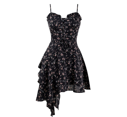 Stilvolles schwarzes Chiffon-Kleid mit Blumenträgern RF0606