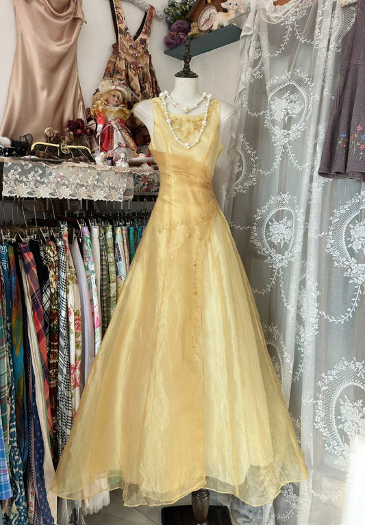 Glam Butter Yellow Evening Gowns Round Neck A-Line Tulle Party Dress  RF0608