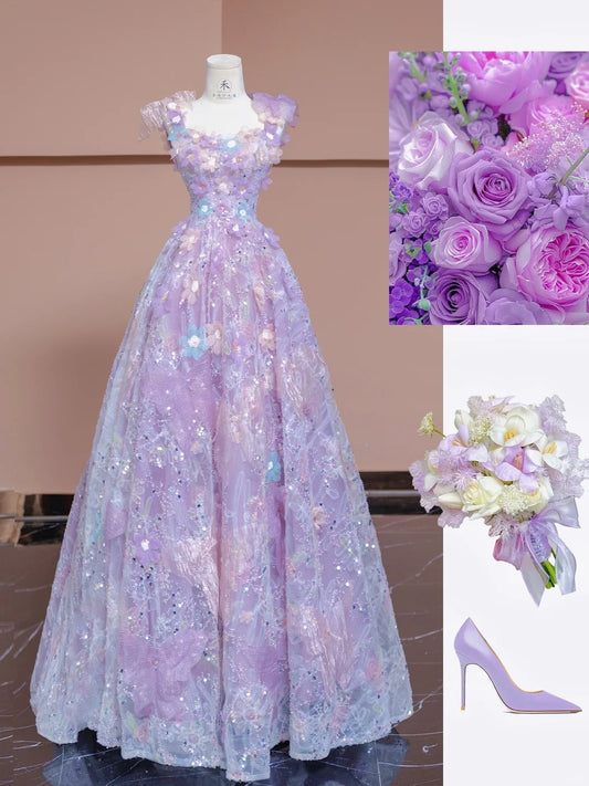 Gorgeous Purple Applique Square Neck A-Line Tulle Long Prom Dresses Sweet 16 Evening Dress  RF0609