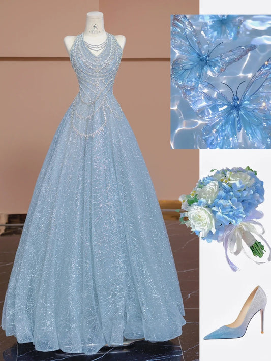 Beautiful Ice Blue V-Neck A-Line Shiny Tulle Formal Evening Dress RF0611