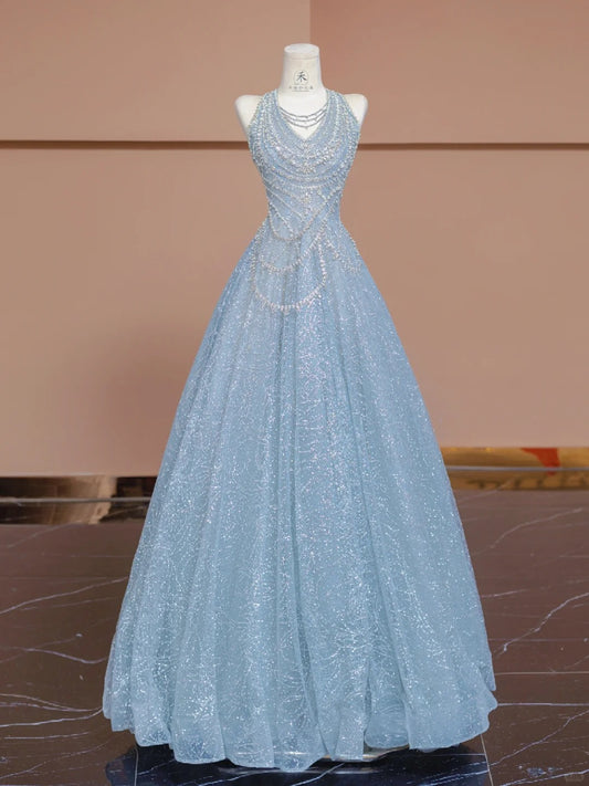 Beautiful Ice Blue V-Neck A-Line Shiny Tulle Formal Evening Dress RF0611