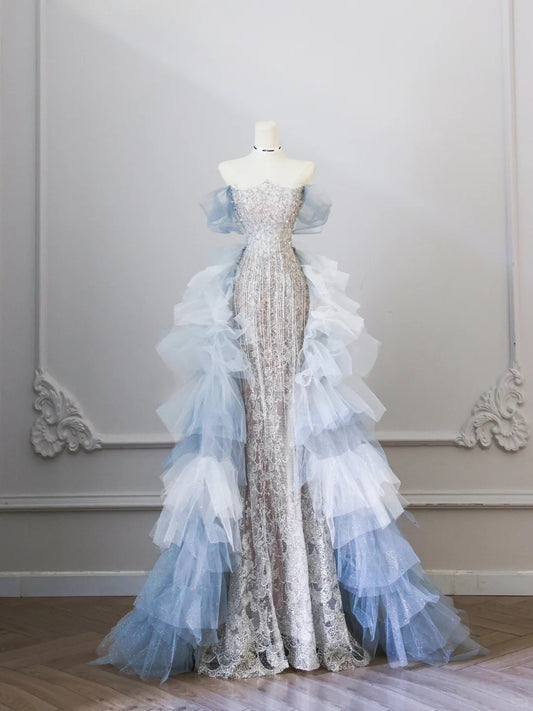 Elegant Silver Off Shoulder Mermaid Prom Dresses Beaded Tulle Evening Gown RF0612