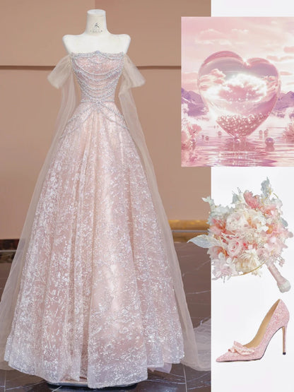 Cute Pink Off-the-shoulder A-Line Evening Gowns Gorgeous Sequin Beaded Tulle Wedding Dress RF0614