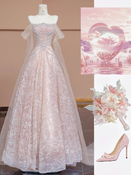 Cute Pink Off-the-shoulder A-Line Evening Gowns Gorgeous Sequin Beaded Tulle Wedding Dress RF0614