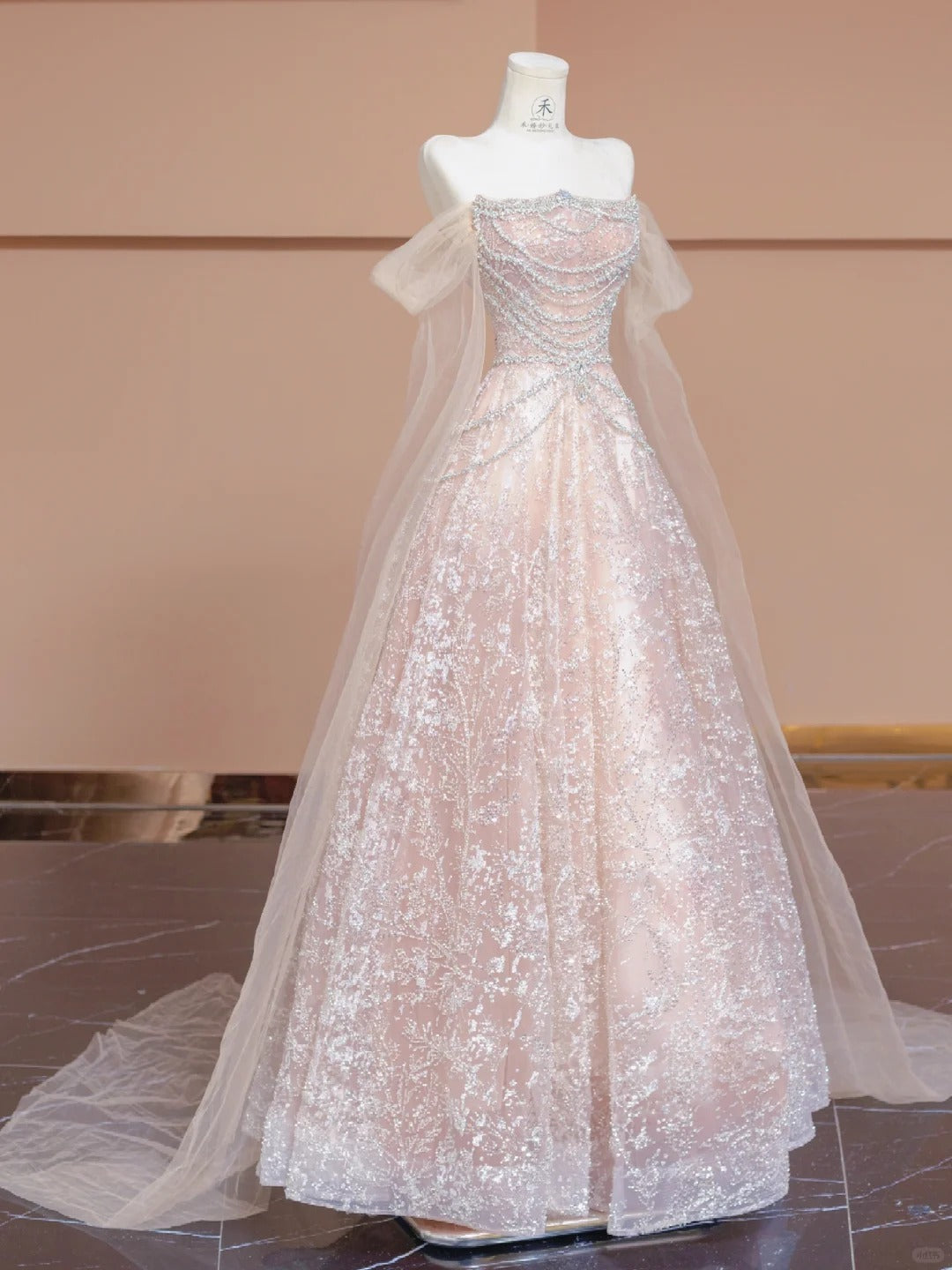 Cute Pink Off-the-shoulder A-Line Evening Gowns Gorgeous Sequin Beaded Tulle Wedding Dress RF0614