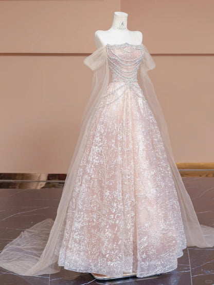 Cute Pink Off-the-shoulder A-Line Evening Gowns Gorgeous Sequin Beaded Tulle Wedding Dress RF0614