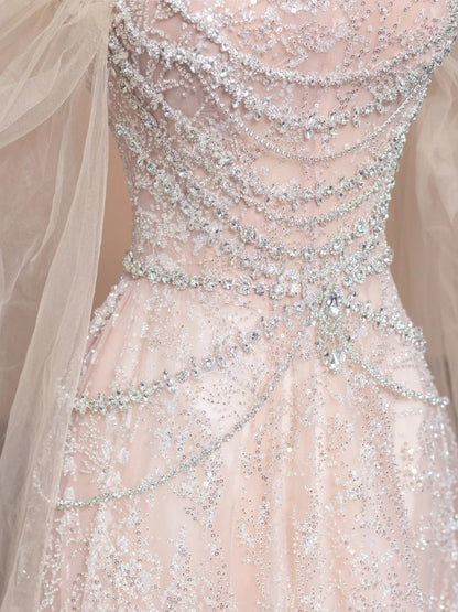 Cute Pink Off-the-shoulder A-Line Evening Gowns Gorgeous Sequin Beaded Tulle Wedding Dress RF0614