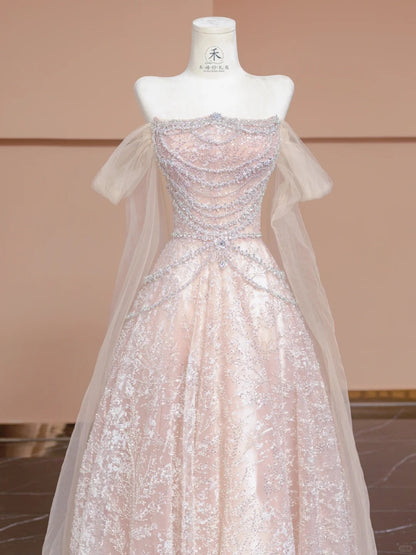 Cute Pink Off-the-shoulder A-Line Evening Gowns Gorgeous Sequin Beaded Tulle Wedding Dress RF0614