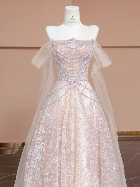 Cute Pink Off-the-shoulder A-Line Evening Gowns Gorgeous Sequin Beaded Tulle Wedding Dress RF0614