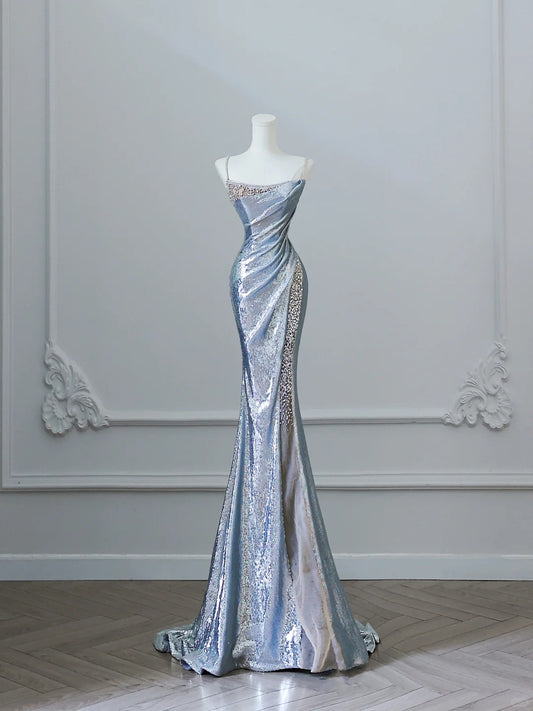 Elegant Silver Spaghetti Strap Mermaid Sequin Long Prom Dresses Formal Evening Gowns RF0616