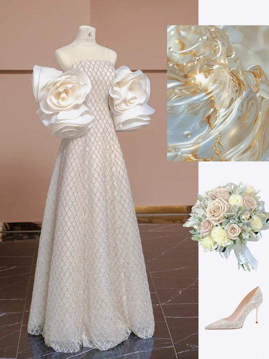 Glam Light Champagne Strapless A-Line Lace Long Prom Dresses Formal Evening Gowns RF0617