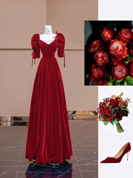 Elegant Burgundy V-neck A-Line Velvet Long Prom Dresses Formal Evening Gowns RF0621