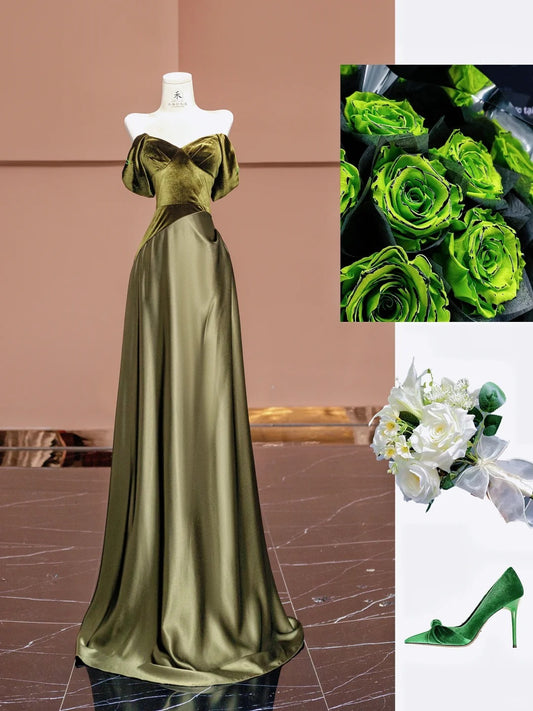 Glam Dark Olive Green Off Shoulder Satin A-Line Velvet Long Prom Dresses Formal Evening Gowns RF0622