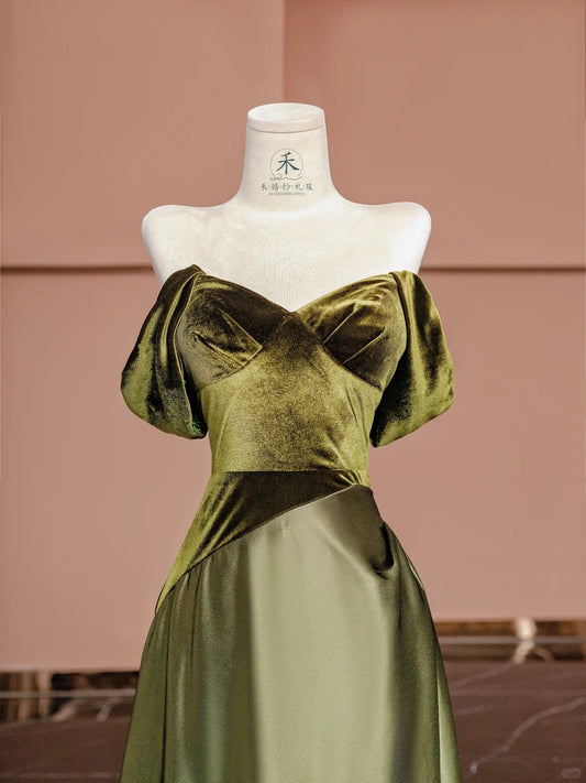 Glam Dark Olive Green Off Shoulder Satin A-Line Velvet Long Prom Dresses Formal Evening Gowns RF0622
