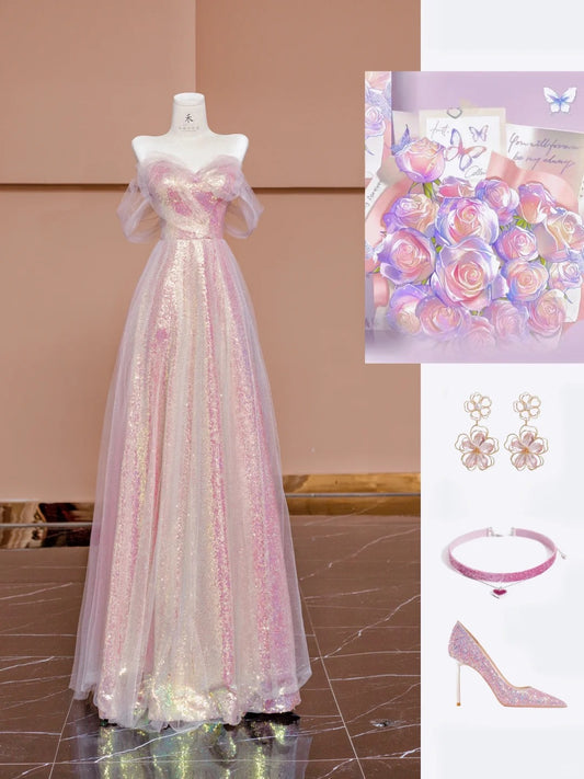 Gorgeous Pink Off-the-shoulder Tulle A-Line Sequin Wedding Dress Formal Evening Gowns RF0624