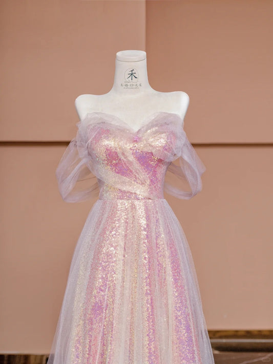 Gorgeous Pink Off-the-shoulder Tulle A-Line Sequin Wedding Dress Formal Evening Gowns RF0624
