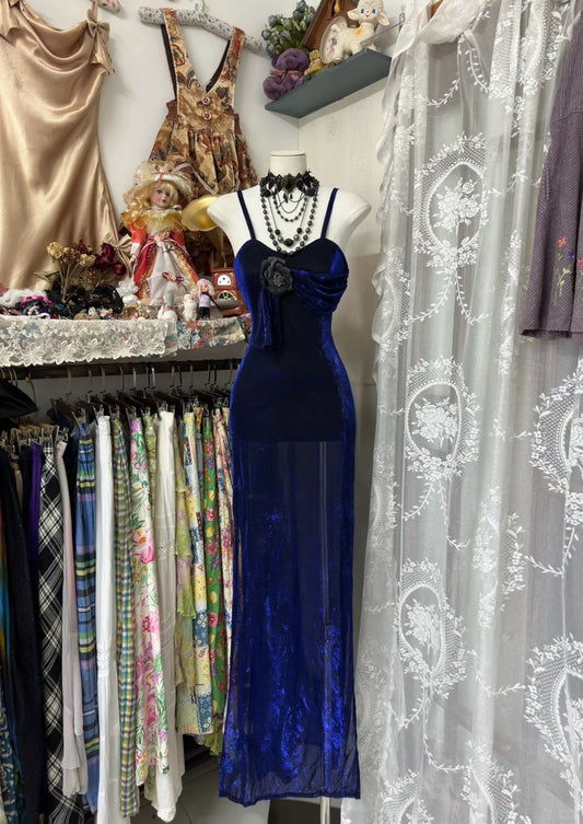 Elegant Royal Blue Spaghetti Straps Sheath Velvet Prom Dresses Formal Evening Gowns RF0627