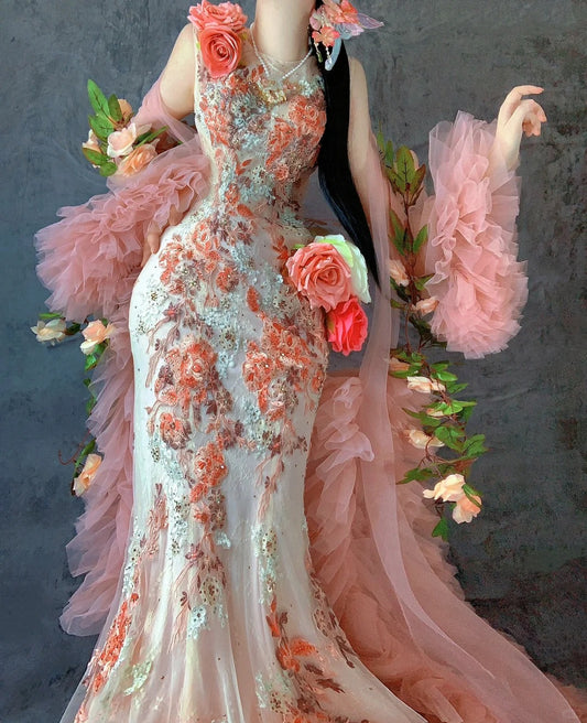 Fairytale Orange Crew Neck Mermaid Tulle Applique Long Prom Dresses Formal Evening Gowns RF0628