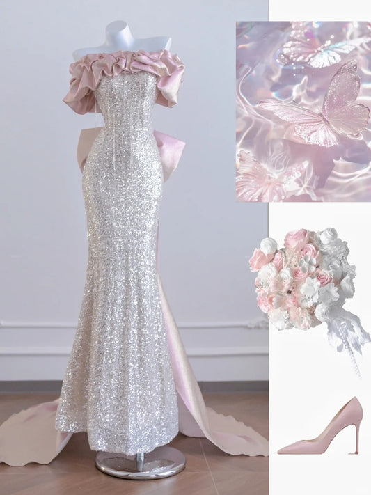 Gorgeous Off Shoulder Silver Sequin Mermaid Pink Satin Long Prom Dresses Formal Evening Gowns RF0629