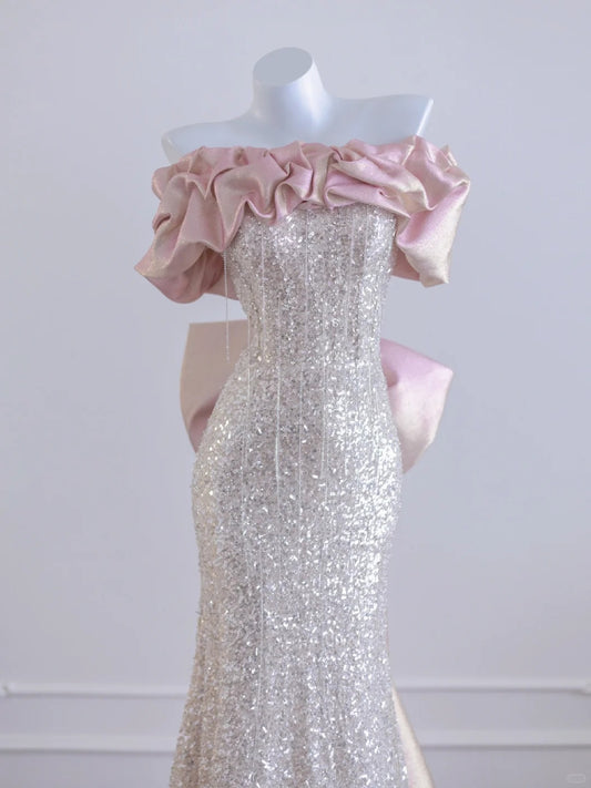 Gorgeous Off Shoulder Silver Sequin Mermaid Pink Satin Long Prom Dresses Formal Evening Gowns RF0629