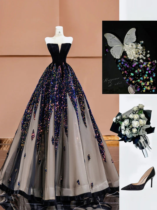 Elegant Black Strapless A-Line Velvet Sequin Long Prom Dresses Formal Evening Gowns RF0630