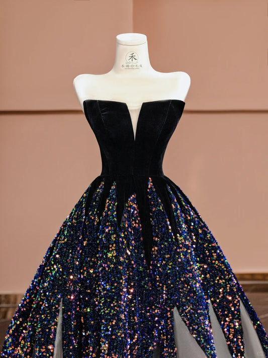 Elegant Black Strapless A-Line Velvet Sequin Long Prom Dresses Formal Evening Gowns RF0630