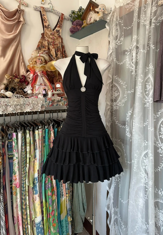 Elegant Black Backless Party Dress V-Neck A-Line Layered Chiffon Evening Gowns RF0632