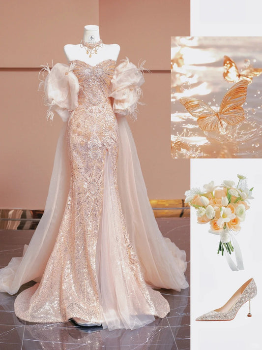 Gorgeous Light Blush Strapless Mermaid Beaded Sequin Tulle Long Prom Dresses Formal Evening Gowns RF0635