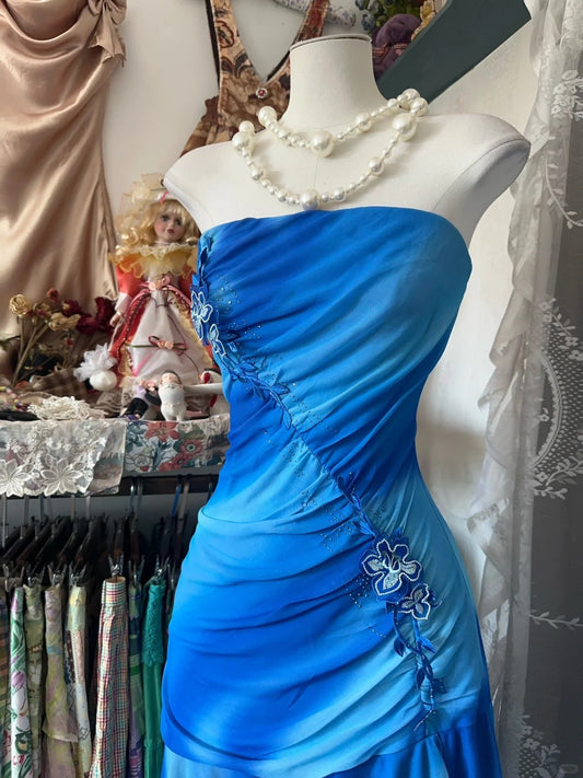 Wunderschönes trägerloses blaues Meerjungfrau-Chiffon-Abendkleid RF0637