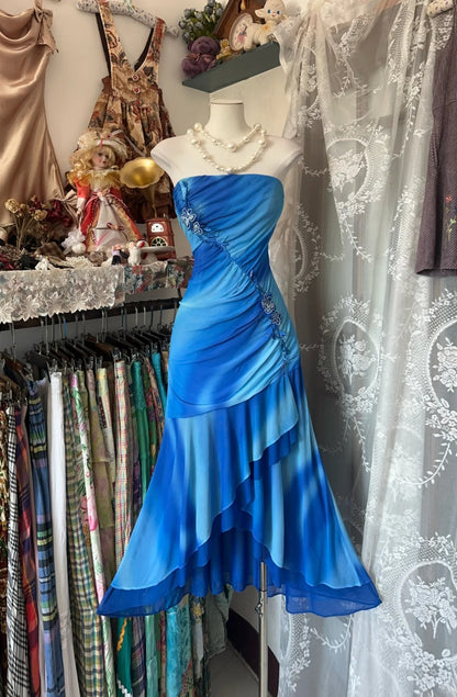Wunderschönes trägerloses blaues Meerjungfrau-Chiffon-Abendkleid RF0637