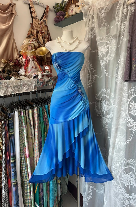 Wunderschönes trägerloses blaues Meerjungfrau-Chiffon-Abendkleid RF0637
