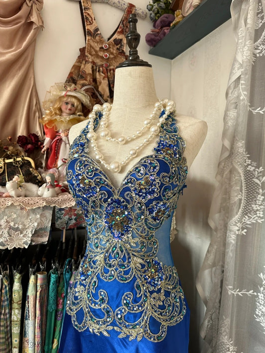 Glam Halter Blue Mermaid Satin Beaded Appliques Long Prom Dresses Formal Evening Gowns RF0638