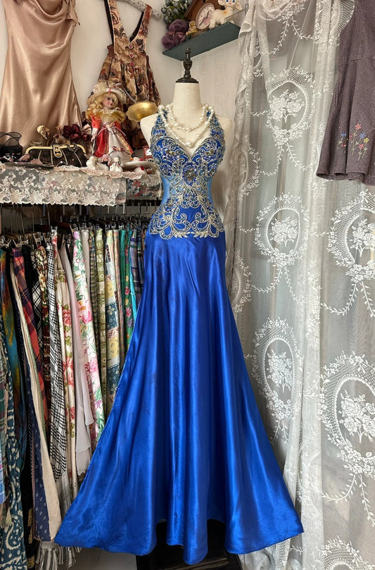 Glam Halter Blue Mermaid Satin Beaded Appliques Long Prom Dresses Formal Evening Gowns RF0638