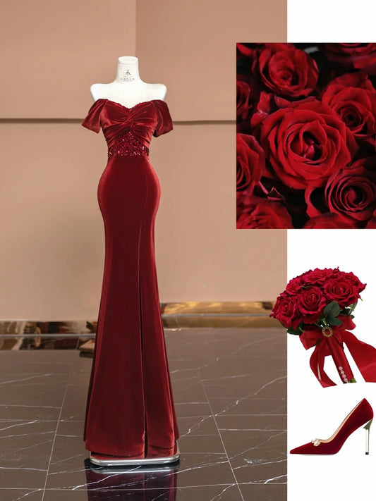 Elegant Burgundy Off-the-shoulder Mermaid Velvet Long Prom Dresses Formal Evening Gowns with Slits RF0639