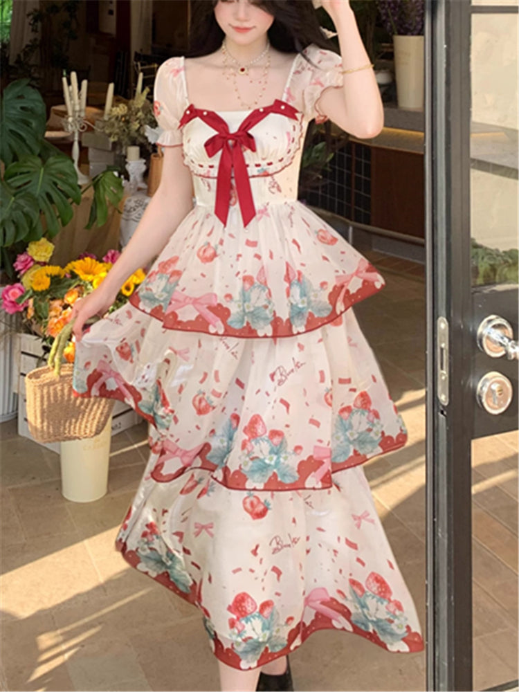 Süßes Chiffonkleid mit quadratischem Ausschnitt und Aufdruck RF0645